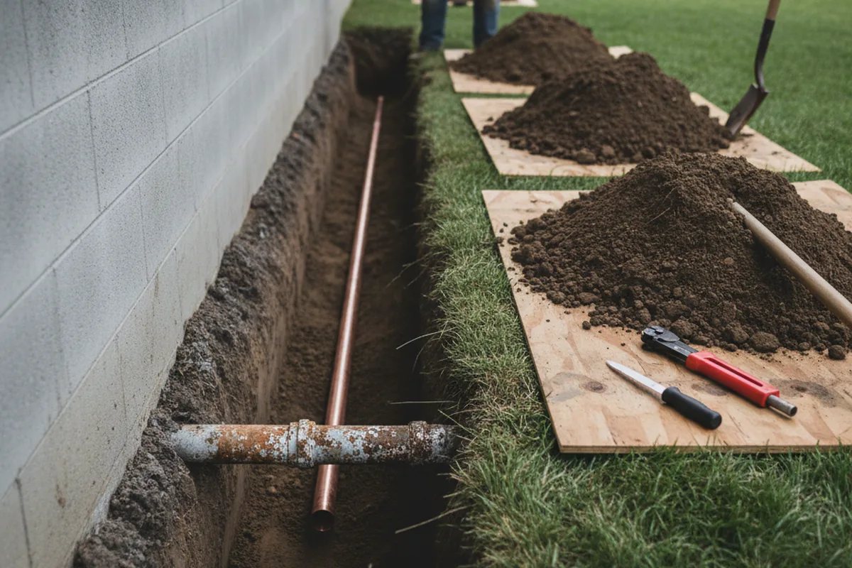 Excavated water line trench during Water Softener Installation in Spavinaw